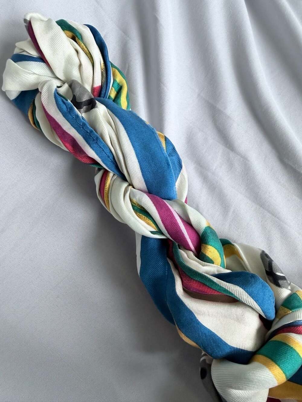 Perry Ellis Vintage White Silk Scarf with Multicolor Stripes and Ornaments